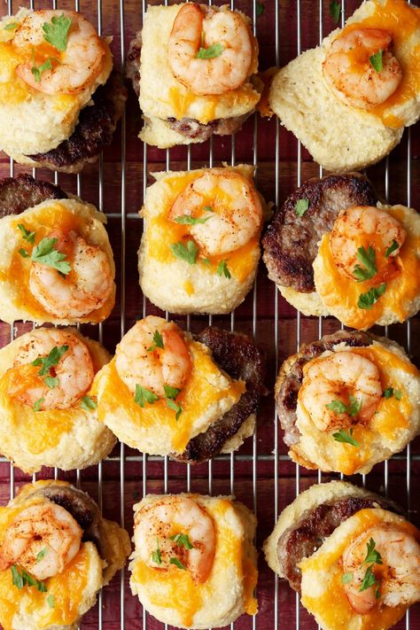 Sausage, Shrimp and Grits Biscuits - The Candid Appetite Shrimp And Grits Appetizer, Grits Appetizer, Polenta Bites, Biscuit Sandwiches, Sausage Appetizers, Sausage Shrimp, How To Cook Grits, Cajun Shrimp Recipes, Pork Breakfast Sausage