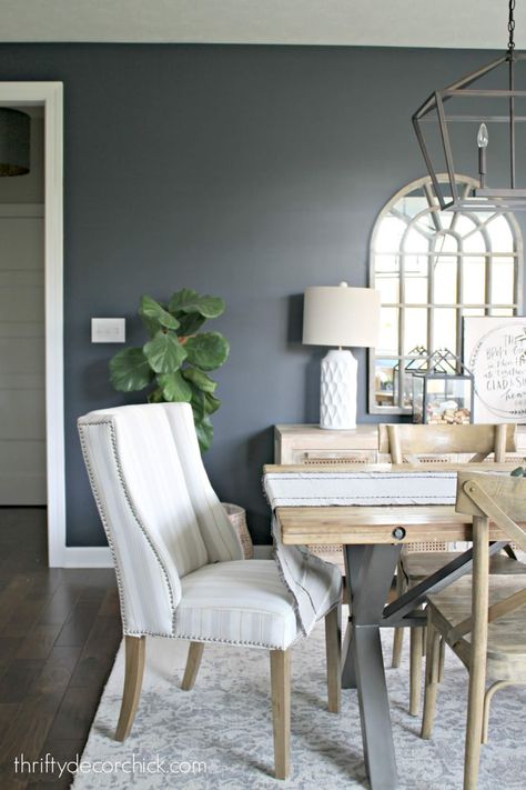 Dark Blue Grey Dining Room, Gray Painted Dining Room Furniture, Blue Gray Interior Design Living Room, Blue Gray Dining Room Walls, Dark Gray Dining Room Walls, Gray Wall Dining Room, Blue Grey Dining Room, Dark Gray Dining Room, Sherwin Williams Grays