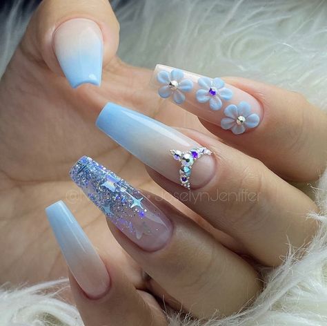 Soft Nail, Quince Nails, Baby Blue Nails, Blue Acrylic Nails, Studded Nails, Summer Acrylic Nails, Diamond Nails, Pink Acrylic Nails, Homecoming Nails