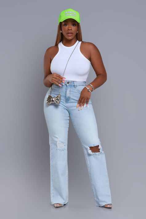 Shop our Rewind High Rise Distressed Straight Leg Jeans - Light Wash at Swank A Posh. Find more boutique clothing you'll love. Download the Swank app! Denim And White Outfits Classy, How To Style Straight Leg Jeans, Women Fall Outfits 2024, Uptown Outfits, Wide Leg Joggers Outfit, Jeans And Bodysuit Outfits, Stylish Jeans Top, Jeans And Heels Outfit, Light Jeans Outfit