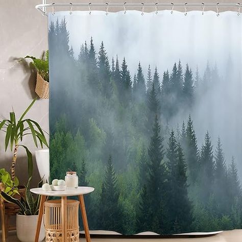 Amazon.com: Homewelle Forest Shower Curtain for Bathroom 60Wx72H Foggy Mountain Green Pine Tree Woodsy Misty Cloudy Nature Men Teen Pinewood Landscape Scenic Woodland Rainforest Waterproof Polyester Fabric : Home & Kitchen Cloudy Nature, Forest Shower Curtain, Bathroom Flowers, Rustic Landscaping, Natural Bathroom, Plastic Shower Curtain, Foggy Mountains, Flower Shower Curtain, Shower Curtain Sizes