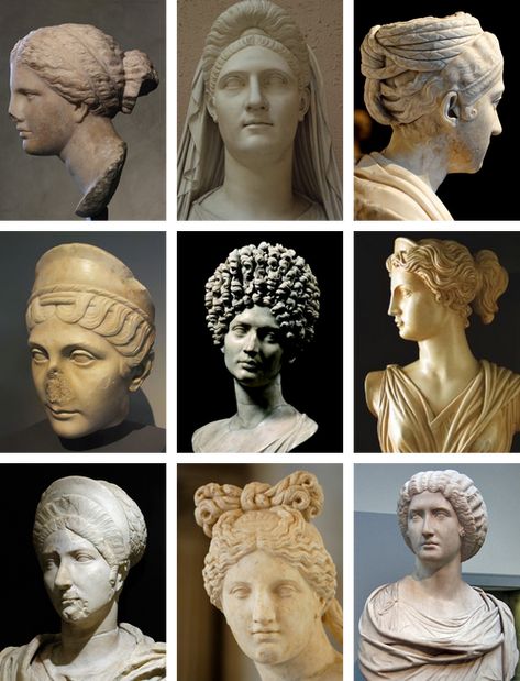 A few of the hairstyles Roman women would wear. Sometimes they would go to the extreme and put it all up and sew it with a needle and thread. Roman Hair, Roman Hairstyles, Rome Antique, Empire Romain, Roman Sculpture, Ancient Sculpture, Roman History, Roman Art, Art Antique