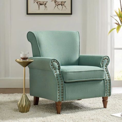 Wade Logan® Asul Armchair with Solid Wood Legs and Tufted Back & Reviews | Wayfair Wingback Accent Chair, Comfy Accent Chairs, Velvet Living Room, Blue Armchair, Upholstered Armchair, Swivel Barrel Chair, Accent Arm Chairs, Upholstered Arm Chair, Club Chair