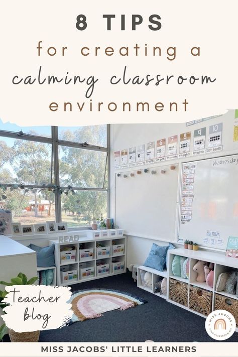 You've probably become quite used to the daily chaos that little learners bring to the classroom. But what if I told you that you have the power to transform your classroom into a calm, relaxing, and productive haven for your students (and you!). In this post, I’ll show you how to create a calm classroom with eight proven strategies you can implement right away. Modern Calm Classroom Decor, Nurture Classroom Layout, Calming Elementary Classroom Decor, Sticker Shop Classroom, Low Stimulation Classroom Decor, Sen Classroom Layout, Relaxing Elementary Classroom, Make Classroom Feel Like Home, Making A Classroom Feel Like Home