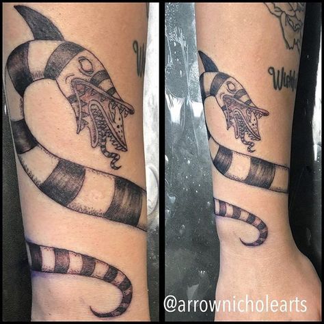 Wrap around Beetlejuice sandworm tattoo Beetle Juice Snake Tattoo, Beatle Juice Tattoos, Sand Worm Beetlejuice Tattoo, Sand Worm Tattoo, Beetle Juice Sandworm Tattoo, Bettle Juice Tattoos, Beetlejuice Snake Tattoo, Beetlejuice Tattoo Small, Sandworm Beetlejuice Tattoo