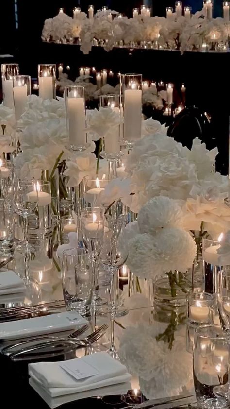 All White Wedding Reception Romantic, Glass Candelabra Centerpiece Wedding, Classic Glam Wedding, Rooftop Wedding Reception, Wedding Table Decorations Candles, White Wedding Table Setting, Candelabra Wedding Centerpieces, Modern Chic Wedding, White Weddings Reception