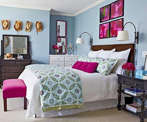 I LOVE the nook in the corner with a built-in. So smart. Plus, fuchsia. And hats. Yes. Bedroom Decorating Tips, Brighter Bedroom, Bedroom Color Schemes, Home Goods Decor, Blue Bedroom, White Bedding, Blue Walls, Beautiful Bedrooms, Bedroom Colors