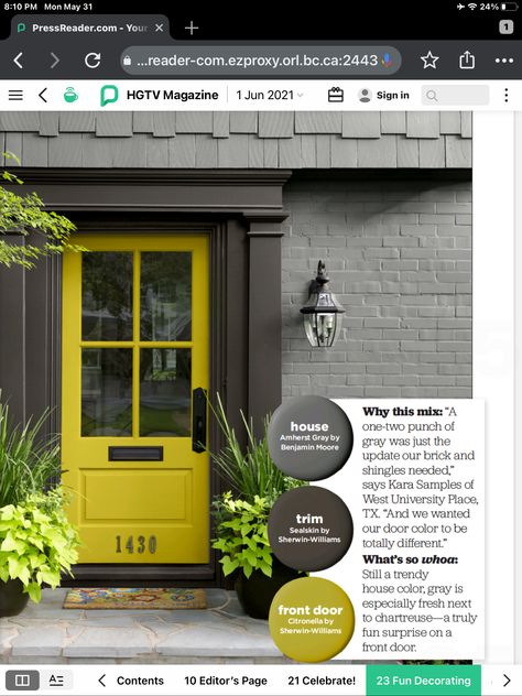 Black And Chartreuse Decor, Chartreuse Front Door, Chartreuse Door, Gray House Black Trim, Chartreuse Decor, Dark House Exterior, Green House Exterior, Yellow Front Doors, Downtown Living