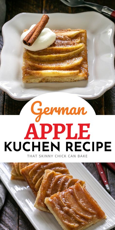 Apple Kuchen - A classic German Apple Cake with a pastry crust, sweet apple slices, and a cinnamon-sugar topping. A scrumptious dessert or snack that's easy to make! German Apple Desserts, Apple Kuchen Recipe German, German Kuchen Recipes, Apple Slices Recipes, German Apple Kuchen, Apple Kuchen Recipe, Plums Recipes, German Apple Pie, German Treats