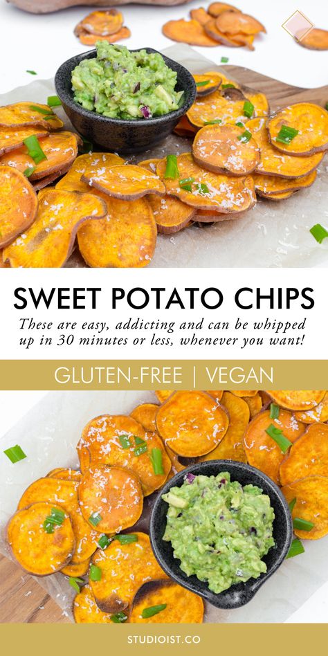 Vegan Snacks On The Go, Vegan Snack Recipes, Plant Based Snacks, Healthy Vegan Snacks, Sweet Potato Chips, Vegan Sweet Potato, Vegan Appetizers, Snacks Für Party, Vegan Recipes Healthy