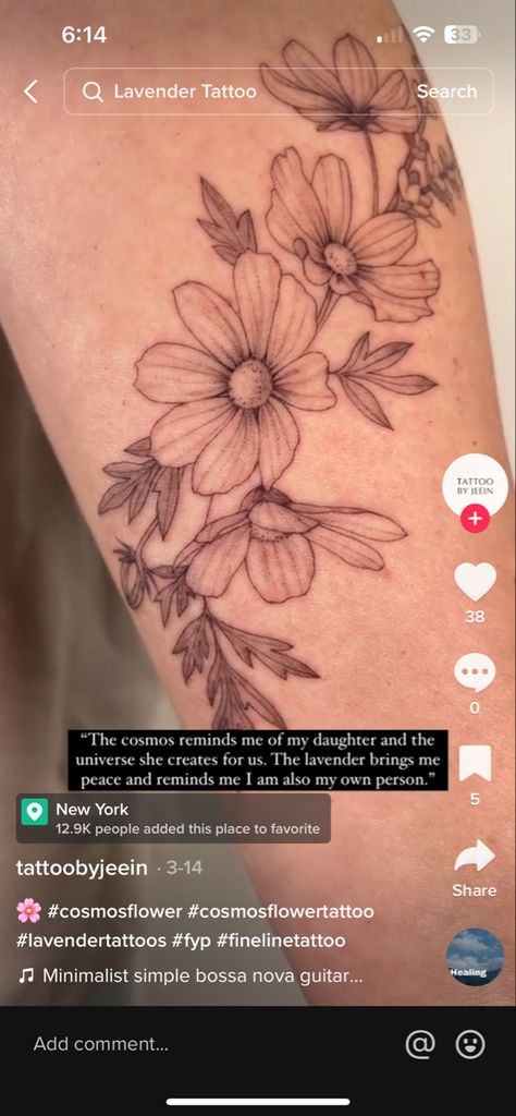 Cosmo Tattoo, Cosmo Flower Tattoo, Cosmo Flower, Cosmos Tattoo, Wrap Tattoo, Lavender Tattoo, How To Wrap Flowers, Tattoo Sleeve Designs, Tattoo Sleeve