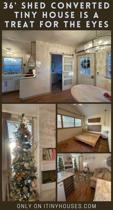 Super spacious and inviting, this converted tiny house has ample of living area and kitchen space, making it an excellent choice. Tiny Homes No Loft, Permanent Tiny House, Shed Home Floor Plans Layout, Guess House Ideas Tiny Homes, Tiny Home Floorplan 1 Bedroom, Shed Home Interior Ideas, Tiny House Shed Conversion Floor Plans, 16x50 Shed House Interior, Shed Tiny House Interior