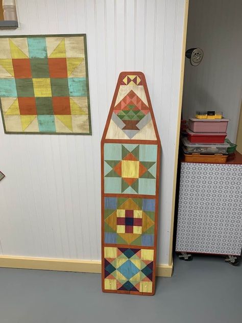 Barn Quilt Addicts | Lenee Pitts this is a wooden ironing board my sister and I painted Painted Ironing Board Ideas, Painted Wooden Ironing Boards, Wooden Ironing Board Ideas Repurposed, Wood Ironing Board Ideas, Vintage Ironing Board Ideas, Ironing Boards Ideas, Painted Ironing Board, Wood Ironing Boards, Painted Quilts