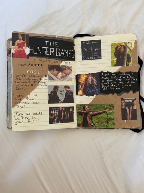 This is my journal where I made a hunger games page in based on the movies. I wrote down quotes and the cast. I also used photos from scenes in the film and brown and black paper. Hunger Games Scrapbook Ideas, The Hunger Games Journal Page, Movie Journal Cover, Hunger Games Scrapbook, Netflix Journal, Fan Journal, Song Diary, Volunteer As Tribute, Book Review Journal