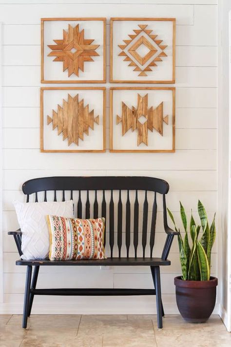 Follow this step by step tutorial to learn how to make beautiful wooden Aztec wall art for your own home.  #diy #aztec #wallart #woodwallart #aztecwallart #homedecor #howto #diyart #diydecor #walldecor Aztec Accent Wall, Gardening Tattoos, Woods Tattoo, Craft Aesthetic, Aztec Wall Art, Quotes Aesthetics, Woodworking Quotes, Nail String, Art Scrapbook