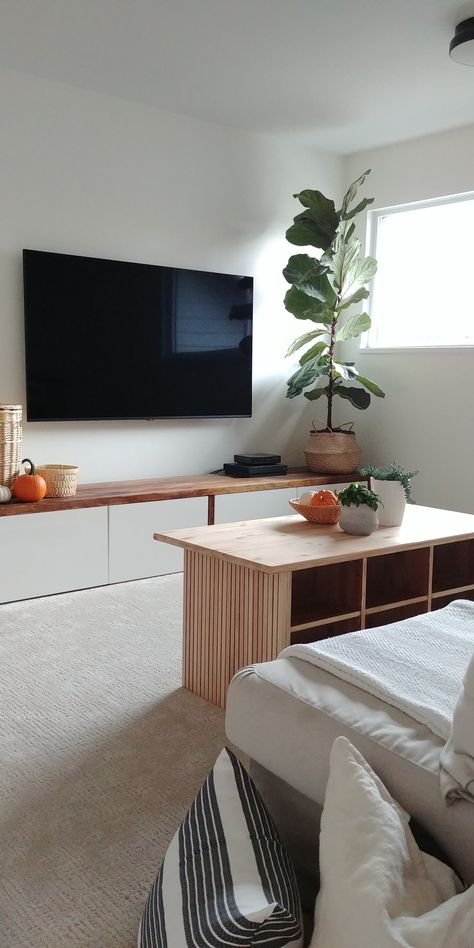 Easy IKEA Besta Bench Hack Storage Bench Seating Under Tv, Ikea Tv Storage, Ikea Besta Bench, Ikea Hack Bench, Sideboard Diy, Small Townhouse, Ikea Hack Living Room, Besta Hack, Ikea Bench