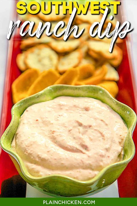 Southwest Ranch Dip – creamy ranch dip with a kick. Only 5 ingredients and ready to eat in 5 minutes! Cream cheese, sour cream, ranch dressing mix, Rotel diced tomatoes and green chiles, and lime juice. Pop everything in the food processor and blend until smooth. Can make ahead of time and refrigerate for later. Great as a dip with chips and veggies, salad dressing, or dipping sauce. We LOVE this homemade southwest ranch dressing! Easy Mexican Dip, Mexican Chips, Mexican Dip Recipes, Dip For Chips, Southwest Ranch, Cream Cheese Sausage Balls, Southwestern Ranch, Quick Dip, Plain Chicken