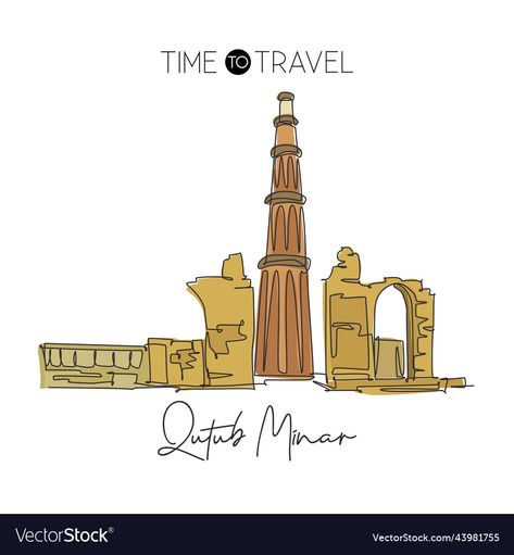 Qutub Minar Drawing, Qutub Minar, Mosque Vector, Travel Wall Decor, Continuous Line Drawing, Draw Sketch, Continuous Line, Travel Wall, Famous Places