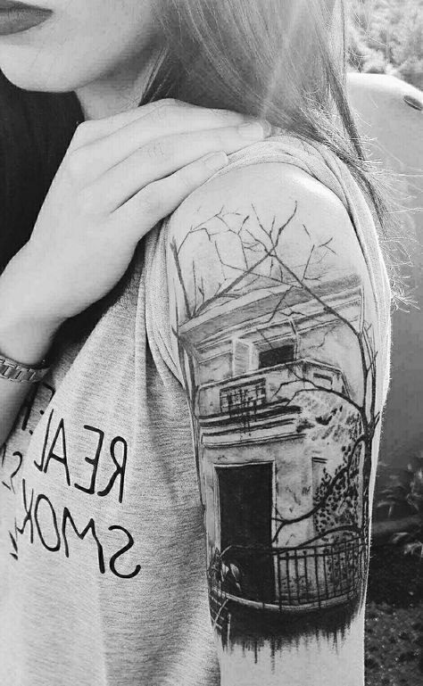 Abandoned Tattoo Ideas, Abandoned House Tattoo, Abandoned Tattoo, Building Tattoo, Tattoo Home, House Tattoo, Scary Tattoos, Concept Ideas, Abandoned House