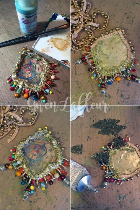 Upcycle Jewelry Ideas, Textile Jewelry Diy, Jewelry Art Ideas, Diy Dye Clothes, Mixed Media Ideas, Mixed Media Embroidery, Assemblage Art Mixed Media, Diy Wire Jewelry Rings, Using Stencils