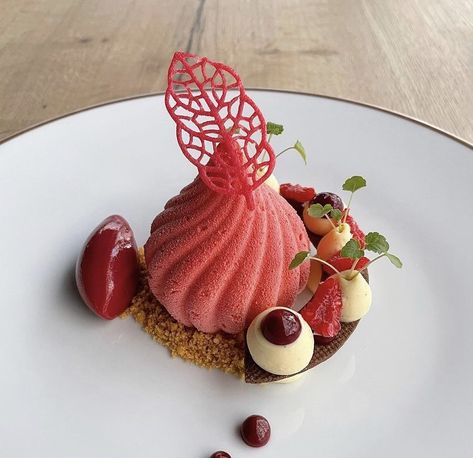 Tuile Plating, Small Deserts, Gourmet Desserts Presentation, Plating Dessert, Rhubarb Desserts, Chocolate Garnishes, Dessert Presentation, Bakery Menu, Dessert Plating