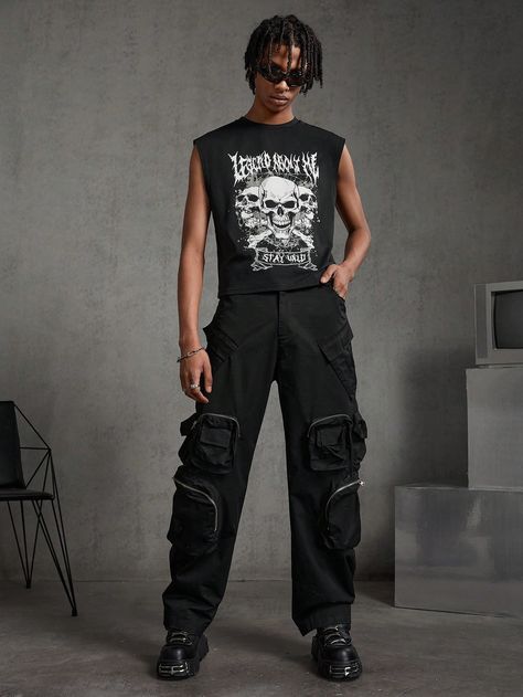 Black Casual Collar Sleeveless Knitted Fabric Halloween,Letter,Slogan  Embellished Slight Stretch  Men Clothing Black Goth Outfits Men, Mens Techno Outfit, Black Rave Outfits Men, Rock Concert Outfit Men, Black Outfits Edgy Men, Techno Rave Outfit Men, Men’s Concert Outfit, Sleeveless Outfit Men, Techno Outfit Men