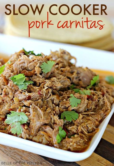 These juicy pork carnitas cook all day in your crockpot. Serve over corn tortillas with all of your favorite toppings for a delicious, easy dinner! Slow Cooker Pork Carnitas, Belle Of The Kitchen, Boneless Pork Roast, Pork Carnitas Recipe, Pork Carnitas Slow Cooker, Carnitas Recipe, Pork Carnitas, Adobo Chicken, Slow Cooker Pork