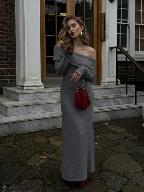 Chic Off-Shoulder Sweater Maxi Dress for Women Knitted Bodycon Backless Long Sleeve Dresses Female Gray Knit Dress Outfit, Afternoon Tea Outfit Autumn, Afternoon Tea Outfit, Long Sleeve Backless Dress, Knitted Maxi Dress, Mary Dress, Maxi Dress Outfit, Sweater Maxi Dress, Double Standards