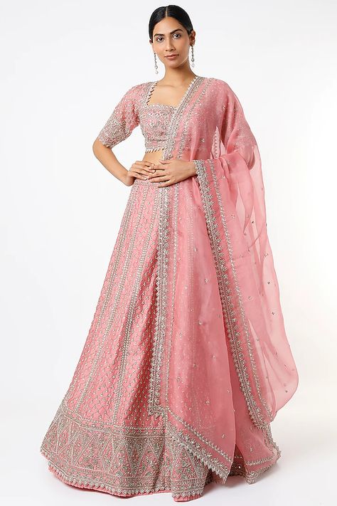 Pink Embroidered Lehenga Set Design by Anushree Reddy at Pernia's Pop Up Shop 2022 Embroidered Bridal Lehenga, Anushree Reddy, Ritu Kumar, Pink Lehenga, Embroidered Lehenga, Organza Dupatta, Indian Fashion Designers, Pernia Pop Up Shop, Silhouette Crafts