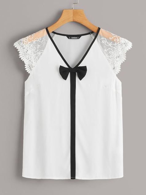 Embroidered Mesh Raglan Sleeve Bow Detail Top | SHEIN Woman Clothes, Fashion Tops Blouse, Outfit Trends, Mode Style, Holiday Wreaths, Blouse Styles, Bow Detail, Fashion Tops, Moda Casual