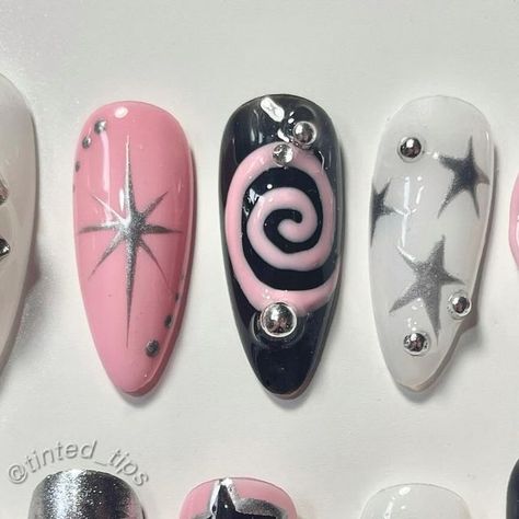 nails by helen on Instagram: "my ateez nails are prepared! cant wait to see them in person 😱!!!  shape: medium almond price: $50  tags: #explorepage #ateeznails #chromenails #pressons #pressonnails #kpopnails #pressonnailsforsale" Ateez Nail Art, Ateez Nails, K Pop Nails, Medium Almond, Chrome Nails, Cant Wait, Press On Nails, Nail Inspo, Art Ideas