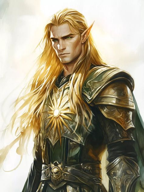 Sun Cleric Character Art, Aasimar Dnd Male, Fantasy Elf Art, Paladin Character Art, Half Elf Paladin, Half Elf Male, Elf Fantasy Art, Paladin Dnd, Long Golden Hair