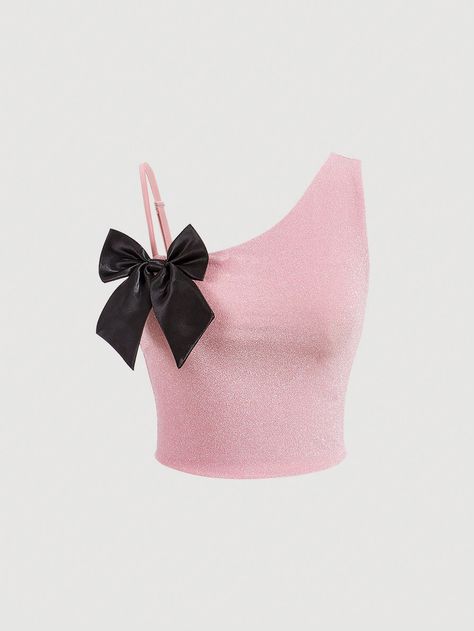 Pink Casual,Party Collar Sleeveless Knitted Fabric Colorblock,Plain  Embellished Medium Stretch  Women Clothing Spring Summer Capsule Wardrobe, Asymmetrical Collar, Outing Outfit, Middle Eastern Fashion, Bow Decor, Fashionista Clothes, Pink Top, Stage Outfits, Kpop Outfits