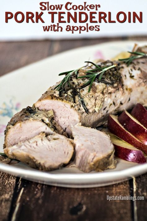 A delicious slow cooker recipe for pork tenderloin with apples. The pork roast is combined with apples and onions and cooked in apple cider for an easy meal that goes together in 10 minutes and tastes amazing - a perfect meal for a busy weeknight. #pork #slowcooker #crockpot #porktenderloin Recipe For Pork Tenderloin, Pork Tenderloin With Apples, Apple Cider Pork, Apples And Onions, Apple Pork Tenderloin, Recipe For Pork, Crockpot Pork Tenderloin, Slow Cooker Pork Roast, Slow Cooker Pork Tenderloin