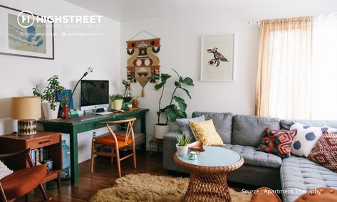 Transform the Living Room Into An Office Space Design During the Pandemic - Blog : High Street Dining Room Office Combo, Office Living Room Combo, Living Room Office Combo, Living Room Workspace, Hipster Home, Apartment Dining Room, Apartment Dining, Office Nook, Desk In Living Room