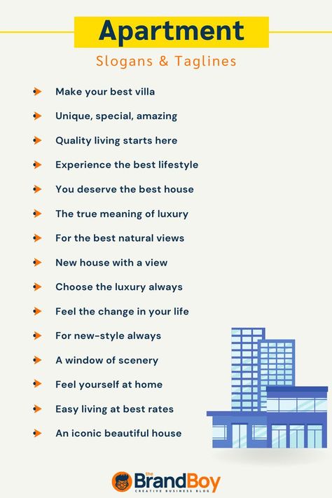 Apartment Slogans, Apartment Taglines Apartment Branding, Housewarming Wishes, Real Estate Slogans, Apartment Marketing, Marketing Slogans, Business Slogans, Catchy Slogans, Cool Apartments, Branding Kit