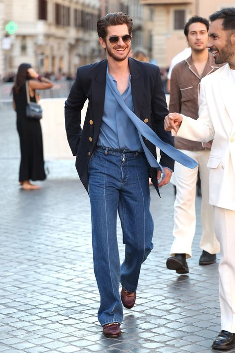 Silk Shirt Outfit, White Bustier Top, Silk Shirt Men, White Bustier, Denim Suit, Valentino Couture, Valentino Men, Andrew Garfield, Fashion Streetwear