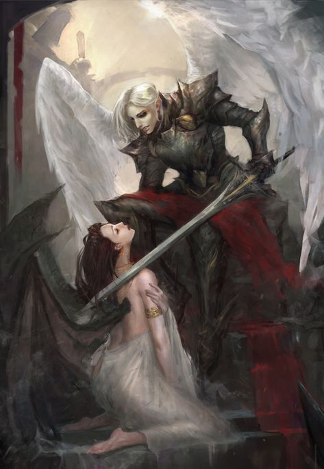 Angel and Demon Fantasy Art Couples, Couple Drawing, Fantasy Love, Fantasy Couples, Vampire Art, Romance Art, Iphone Backgrounds, Dark And Light, Angel And Devil