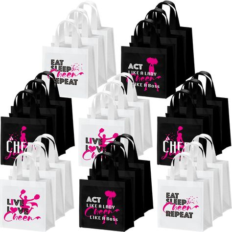 PRICES MAY VARY. non woven Bulk Fun Cheer Themed Totes: with this package, you get 24 cheer goodie bags, each bag showcases novelty prints and catchy slogans that ideally express your love for cheerleading, it's a fun way to carry your items or share with friends and loved ones Spacious and Convenient Size: each cheer bag measures about 7.87 x 7.87 x 5.91 inches/ 20 x 20 x 15 cm, providing plenty of space for your essential items, whether it's snacks, water bottles, books, or makeup items, you h Team Mom Cheerleading Goodie Bags, Cheer Goodie Bag Items, Cheerleader Gift Basket Ideas, Cheer Snacks Ideas Goodie Bags, Cheer Gifts For Team Goody Bags, Cheer Gift Bags, Cheer Snacks, Cheer Competition Gifts, Goodie Bag Items