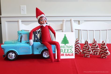 New Elf on the Shelf idea: Don't worry if you haven't had a chance to get your Christmas tree yet, Elf has you covered!! This was really fun to set up! We grabbed a box of Little Debbie Christmas Tree cakes and set them up like Christmas trees. You can also find the Free Printable Christmas Tree sign below, as well. The kids had so much fun with this new Elf on the Shelf idea! And they had even more fun eating the trees afterwards. But, regardless, this has been one of their favorite quick and Little Debbie Christmas Tree Cakes, Printable Christmas Tree, Little Debbie Christmas Tree, Christmas Tree Sign, Elf On The Shelf Idea, Christmas Tree Cakes, Elf Tree, Elf Magic, Tree Sign