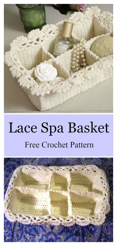 Lace Spa Basket Free Crochet Pattern #freecrochetpatterns #giftideas #baskets Spa Gift Ideas, Spa Basket, Crochet Baskets, Crochet Shell Stitch, Crochet Storage, Crochet Basket Pattern, Spa Gift, Crochet Basket, Garter Stitch