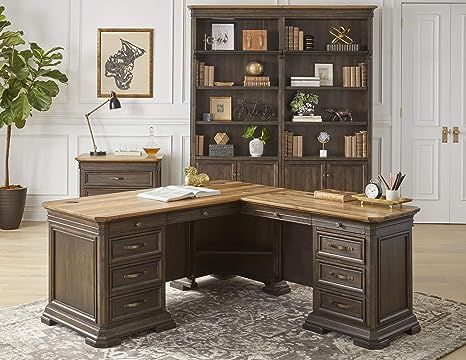 Martin Furniture IMSA684R-KIT Executve L-Desk & Return with Solid Wood Plank Tops, Fully Assembled, Brown Inspirational Office, Office Furniture Set, L Shaped Executive Desk, L Desk, Lateral File Cabinet, Brewed Coffee, Office Set, Executive Desk, Modern Home Office