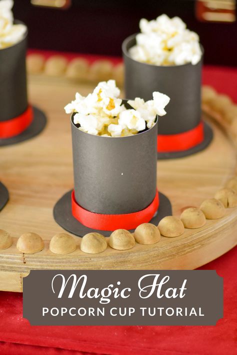 Magic Hat Popcorn Cup Tutorial for Magical Party Food via KarasPartyIdeas - KarasPartyIdeas.com Magic Party Food, Magic Party Theme, Magician Birthday Party, Magician Party, Red Velvet Curtains, Magic Birthday Party, Popcorn Cups, Theme Snack, Magical Party