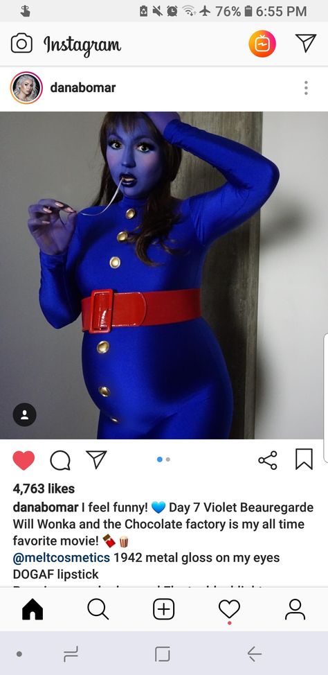 Blueberry Violet Beauregarde Willa Wonka Melt Cosmetics Pregnant Violet Costume, Violet Beauregarde Costume Pregnant, Violet Beauregarde Makeup, Willy Wonka Blueberry, Violet Beauregarde Costume, Blueberry Costume, Violet Willy Wonka, Halloween Costumes Pregnant Women, Maternity Costumes