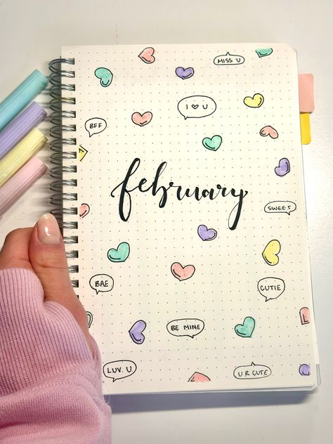 Bujo Heart Theme, Spring Mood Tracker, February Journal Cover, Journal Ideas 2023, February Journal Ideas, February Doodles, February Bujo Cover, Month Drawings, Spring Bujo