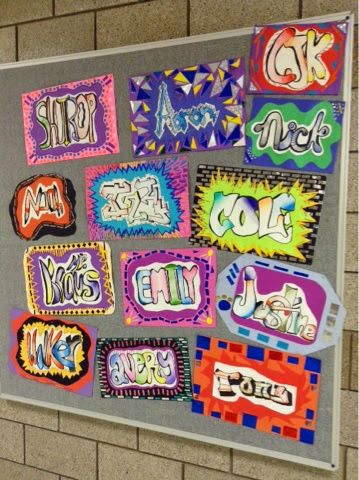 7th graders started their quarter off with a project inspired by this Blick lesson  as well as the work of Andrew McCormick's students... Graffiti Line Art, Grade 7 Art, Name Art Drawing, Name Art Projects, School Graffiti, Alphabet Graffiti, 7th Grade Art, 8th Grade Art, Middle School Art Projects