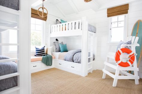 Kids' Coastal Bedroom With Bunk Beds, Lifeguard Chair | Fresh Faces of Design | HGTV Kids Coastal Bedroom, Custom Bunk Beds, Bunk Bed Plans, Modern Bunk Beds, Bunk Beds Built In, Coastal Bedroom Decorating, Bunk Rooms, Built In Bunks, Coastal Bedding