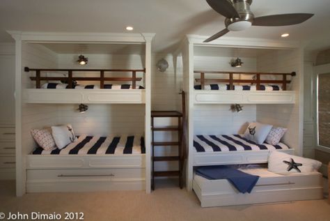 These could be double-sided such that the inside wall merely separates two side-adjoined bunks, and the structure is something like a box. Four Bunk Beds, Bunk Room Ideas, Lake House Bedroom, Modern Bunk Beds, Double Bunk, Bunk Beds Built In, Cool Kids Bedrooms, Built In Bunks, Bunk Rooms