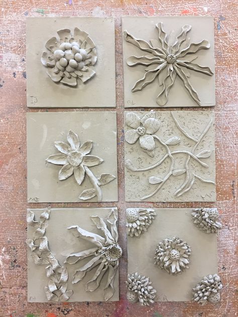 3d Flower Tiles, Tile Clay Ideas, Clay Bas Relief, Clay Tile Art Ideas, Bas Relief Tile, Ceramic Slabs Tiles, Ceramic Flower Tiles, Flower Relief, Clay Relief Sculpture