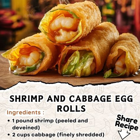 Shrimp and Cabbage Egg Rolls Ingredients 1 pound shrimp (peeled and deveined) 2 cups cabbage (finely shredded) 1 cup carrots (julienned or grated) 3 green onions (chopped) 2 cloves garlic (minced) 1 tablespoon ginger (grated) 2 tablespoons soy sauce 1 tablespoon sesame oil 1 teaspoon salt 1/2 teaspoon black pepper Egg roll wrappers Oil (for frying) Instructions Prepare the Filling: In a large bowl, combine the shrimp, shredded cabbage, carrots, green onions, minced garlic, and grated ging... Shrimp And Cabbage Egg Rolls, How To Make Shrimp Egg Rolls, Shrimp And Crab Egg Rolls, Crab And Shrimp Egg Rolls Recipes, Crispy Asian Cabbage Rolls, Egg Roll Ingredients, Eggs In Peppers, Egg Roll Wrappers, Sweet And Sour Sauce